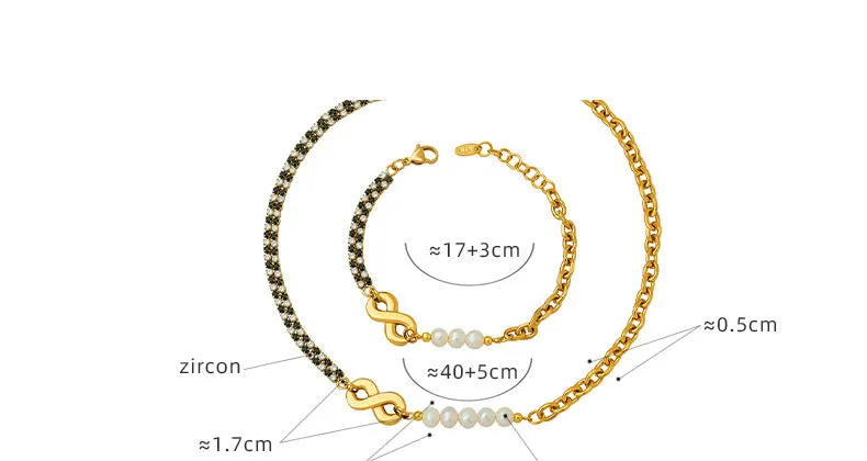 Zircon Stiching Infinity Clasp Pearl Necklace Bracelet Set