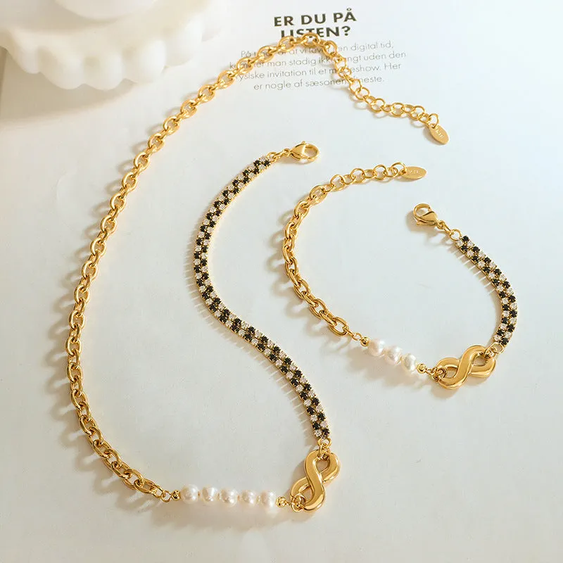 Zircon Stiching Infinity Clasp Pearl Necklace Bracelet Set